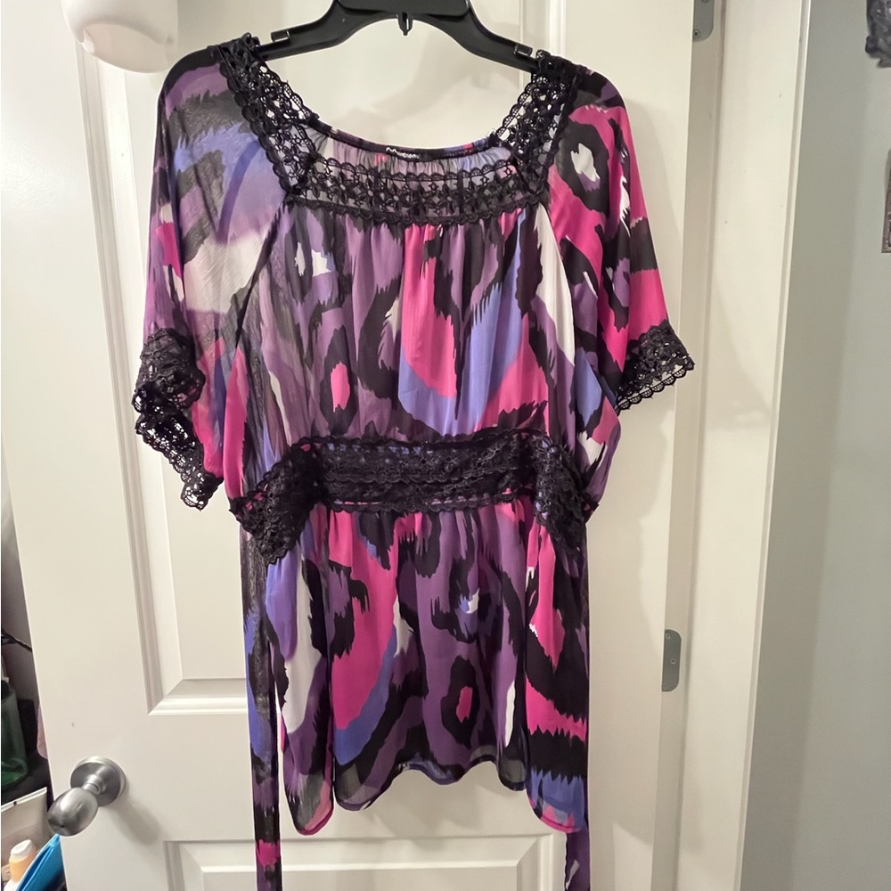 Penningtons Vibrant Sheer Blouse with Black Accents